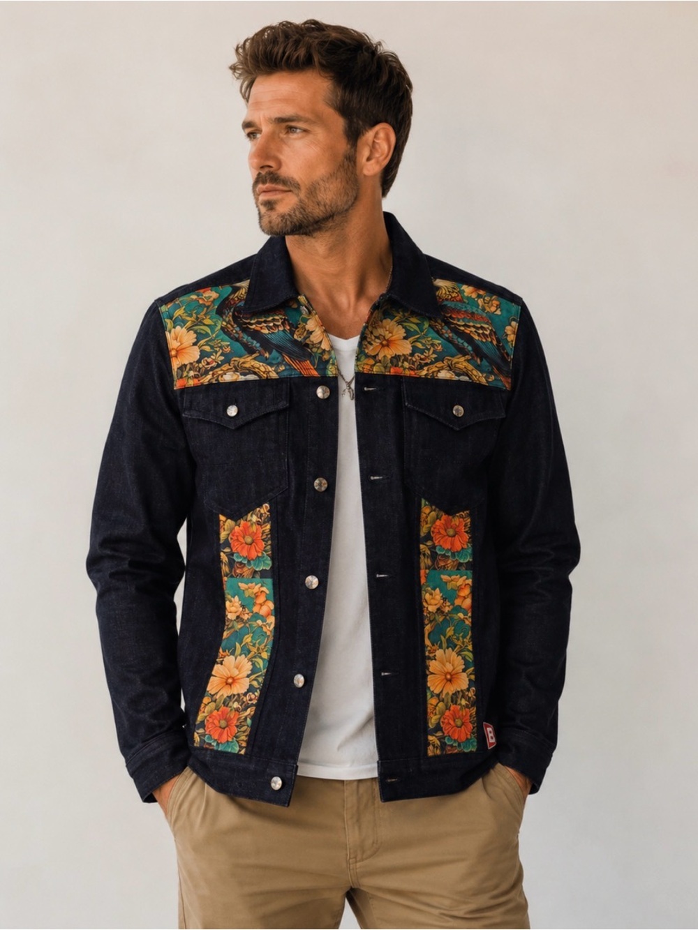 Babylon Dark Denim Jeans Jacket  with Floral Paneling